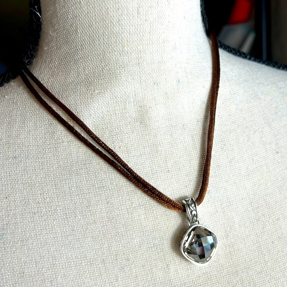Brighton Venus Rising Necklace Taupe Champagne Swarovski Crystal Brown Cord 17"